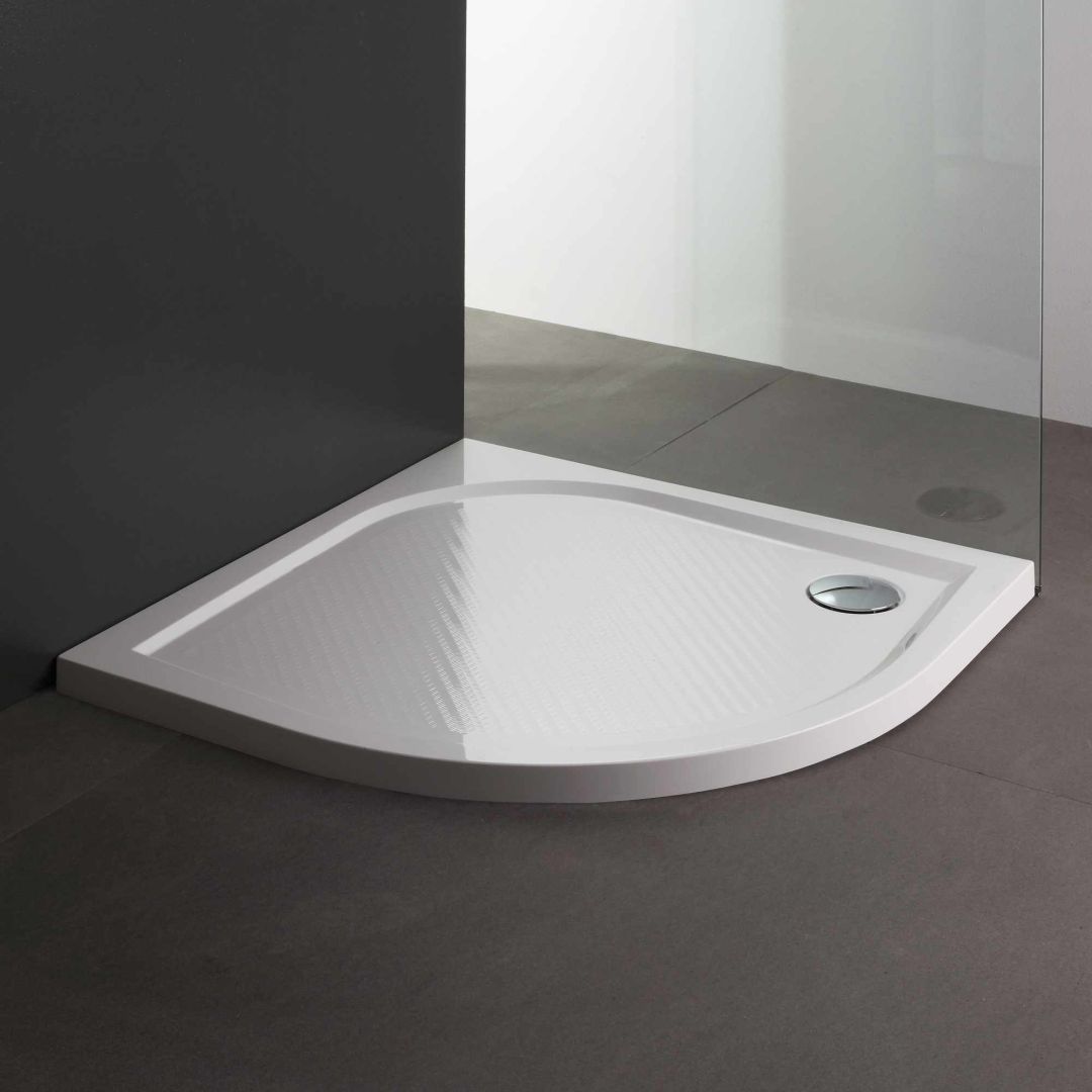 Cădiță de duș subtire, semirotundă, din mamură compozită, instalare pe paviment