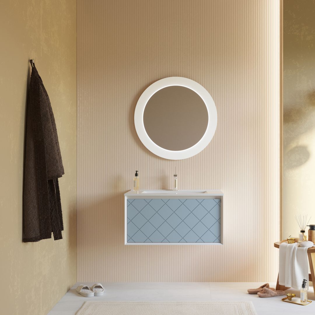 Mobile bagno celeste opaco 80cm con specchio tondo